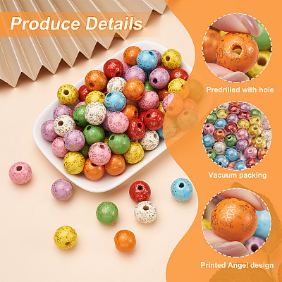80Pcs 8 Colors Printed  Natural Wood Beads WOOD-FW0001-10-1