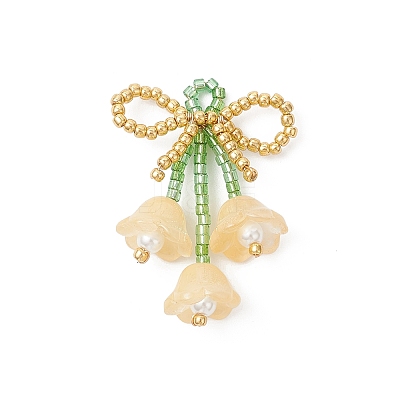 Glass Seed Beaded Bowknot with Flower Pendants PALLOY-MZ01129-03-1
