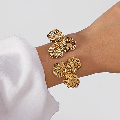 304 Stainless Steel Multi Flower Cuff Bangles for Women LS-BJEW-A154-02A-G-1