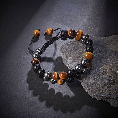 Natural Obsidian & Tiger Eye & Synthetic Hematite Braided Bead Bracelet BJEW-SW00001-22-1