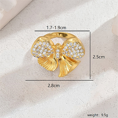 Exaggerated European and American Bowknot Brass Micro Pave Clear Cubic Zirconia Finger Rings for Women QU2931-1-1
