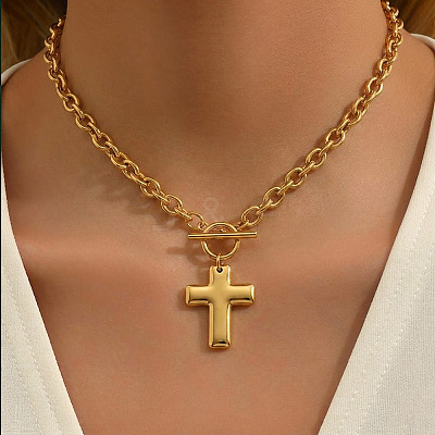 304 Stainless Steel Religion Cross Pendant Necklaces with OT Clasps for Women QD6259-1-1
