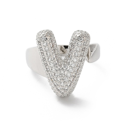 Letter Brass Micro Pave Clear Cubic Zirconia Open Cuff Ring for Women RJEW-N046-03V-P-1