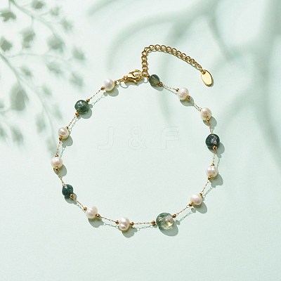 Natural Moss Agate & Pearl Beaded Anklet AJEW-AN00500-01-1