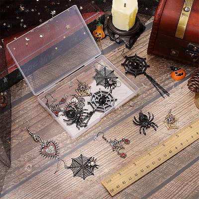 6 Pairs 6 Styles Halloween Spider Web & Heart with Evil Eye Alloy Enamel Dangle Earrings for Women EJEW-SC0001-37-1