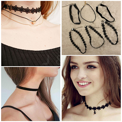 6Pcs 6 Styles Gothic Flower Lace Choker Necklaces for Women NJEW-SC0001-76-1