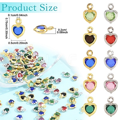 50Pcs 5 Colors Heart Rack Plating Brass Glass Charms KK-YW0004-09G-1