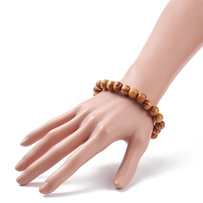 Natural Wood Round Beaded Stretch Bracelet BJEW-JB08214-1