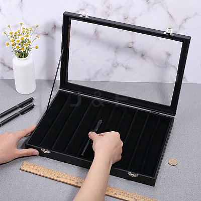 8-Slot MDF Covered with PU Leather Pen Organizer Display Cases with Acrylic Window Lid ODIS-WH0086-232A-02-1