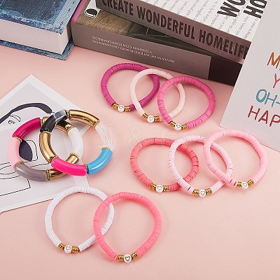 10Pcs 10 Style Handmade Polymer Clay Heishi Beaded Stretch Bracelets Set with Heart BJEW-SW00036-02-1
