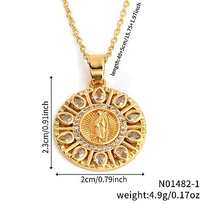 Vintage Brass Pave Cubic Zirconia Hollow Round Religion Virgin Mary Pendant Necklaces for Women LS-EZ3168-1-1