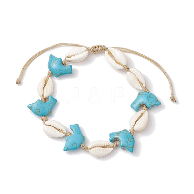Natural Mixed Cowrie Shell with Synthetic Turquoise Beaded Anklets AJEW-AN00596-1
