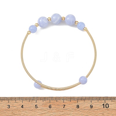 Natural Blue Lace Agate Round Graduated Beaded Brass Cuff Bangles BJEW-JB14463-02-1