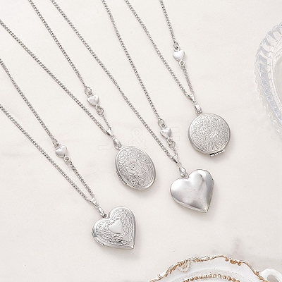 316 Stainless Steel Heart Oval Flat Round Locket Pendant 304 Stainless Steel Twisted Chain Necklaces NJEW-JN05839-1