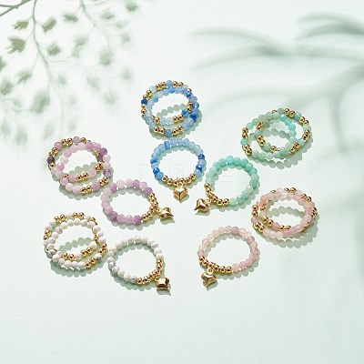 3Pcs 3 Style Natural Gemstone & Brass Beaded Finger Rings with 304 Stainless Steel Heart Charms for Women RJEW-JR00471-1