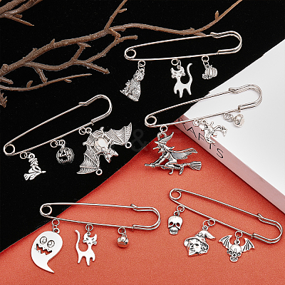 8Pcs 8 Style Halloween Pumpkin & Skull & Witch & Cat Zinc Alloy Charms Safety Pin Brooches Set JEWB-FH0001-30-1