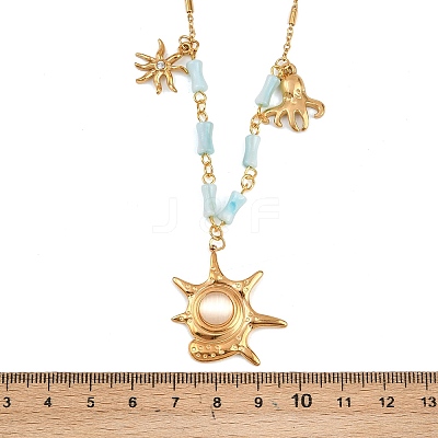 304 Stainless Steel Crystal Rhinestone and Cat Eye Conch Shape Octopus Pendant Dyed Natural Shell Bamboo Stick Link Chain Necklaces NJEW-K252-11G-1