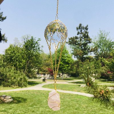 Hot Air Balloon K9 Ball Pendant Decoration with Natural Rose Quartz Wind Chime PW-WG30079-01-1