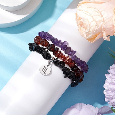 3Pcs 3 Styles Natural Amethyst & Garnet & Obsidian Chips Stretch Bracelets Sets BJEW-JB11076-10-1