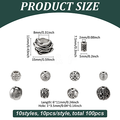 100Pcs 10 Styles Tibetan Silver Beads FIND-FG0003-84-1
