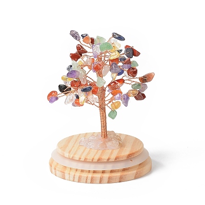 Natural Gemstone Chips Money Tree in Dome Glass Bell Jars with Wood Base Display Decorations DJEW-B007-04E-1