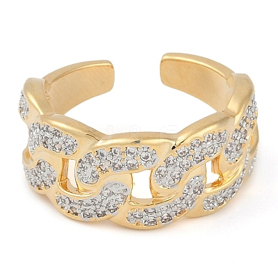 Curb Chain Shape Brass Micro Pave Clear Cubic Zirconia Open Cuff Ring for Women RJEW-Q819-05G-1