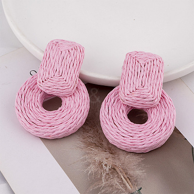 Rectangle with Flat Round Alloy Raffia Dangle Stud Earrings FS-WGEAAFD-02-1