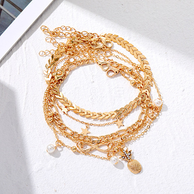 Alloy & Imitation Pearl Round Star Pineapple Charm 5 Layer Anklets for Women FS-WG8DB57-01-1