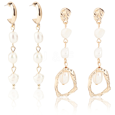 2 Pairs 2 Style Natural Pearl Beaded Dangle Stud Earrings EJEW-AN0002-66-1