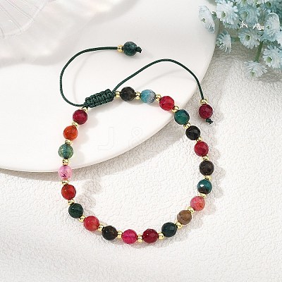 Adjustable Natural Agate Faceted Beads & Brass Spacer Beads Braided Bead Bracelets for Women Men BJEW-JB14075-1