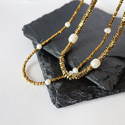 Shimmering Natural Freshwater Pearl & Synthetic Non-magnetic Hematite Beaded Necklaces MF6958-1