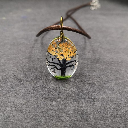 Alloy Wire Wrapped Oval Glass Inner Dried Flower Tree Pendant Waxed Cord Necklaces for Women FS-WG6B63C-14-1