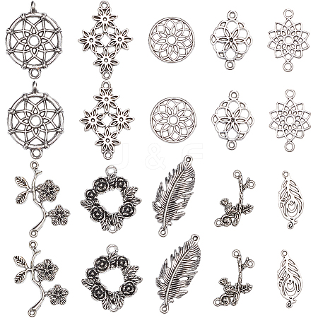 SUNNYCLUE 80Pcs 10 Styles Flower Theme Tibetan Style Alloy Connector Charms FIND-SC0007-57-1