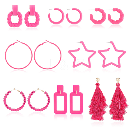 ANATTASOUL 8 Pairs 8 Style Acrylic Hollow Out Rectangle & Tassel Dangle Stud Earrings EJEW-AN0001-93-1