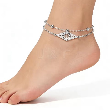 304 Stainless Steel Rhombus with Star and Sun Link 2-Strand Anklets for Unisex WG9D81D-03-1