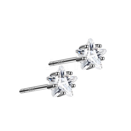 Rhodium Plated Star 999 Fine Silver Cubic Zirconia Stud Earrings for Women EJEW-S215-21P-1