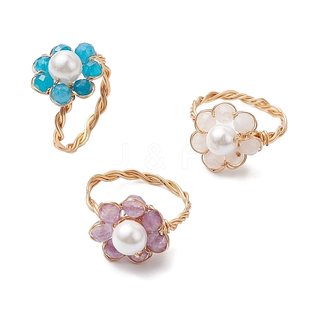 Flower Natural Apatite & Amethyst & Rainbow Moonstone & Shell Pearl Beads Finger Rings RJEW-JR00788-1