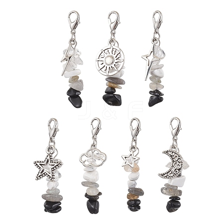 Natural Quartz Crystal & Obsidian & Labradorite & Synthetic White Howlite Chip Beads Pendant Decorations HJEW-JM02127-1