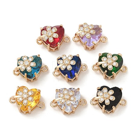 Brass Pave Faceted Glass Heart Connector Charms KK-G517-12G-1