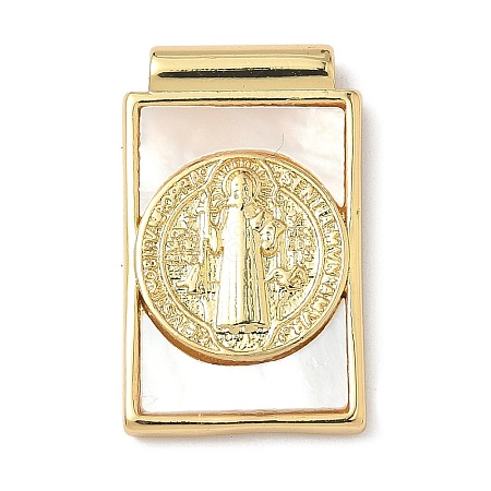 Brass Pave Natural White Shell Religion Rectangle Pendants KK-Q068-32B-G-1