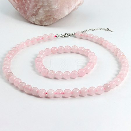 Natural Rose Quartz Round Beaded Necklaces & Stretch Beaded Bracelets Sets WG4DE29-03-1