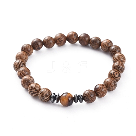  Jewelry Beads Findings Unisex Wood Beads Stretch Bracelets, with Natural Tiger Eye Beads, Non-Magnetic Synthetic Hematite Beads, 56mm