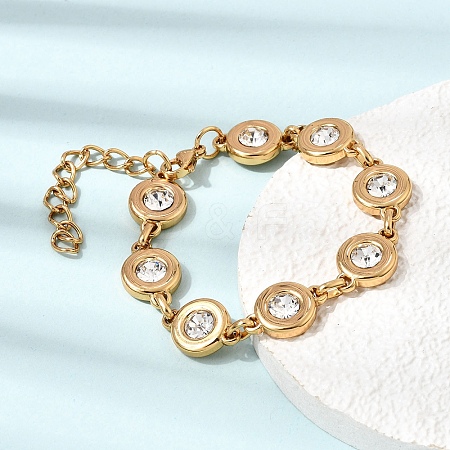 304 Stainless Steel Crystal Rhinestone Flat Round Link Chain Bracelets SA-CBAF6AD-10G-1