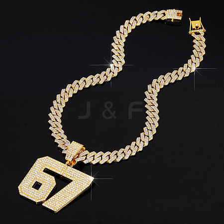 Alloy Full Crystal Rhinestone Number 67 Pendant Cuban Link Chain Necklaces for Men WG613EE-02-1