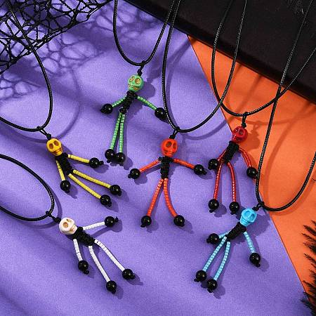 Halloween Theme Skeleton Glass Seed Beaded & Natural Black Onyx(Dyed & Heated) & Skull Dyed Synthetic Turquoise Pendant Necklaces NJEW-MZ00117-1