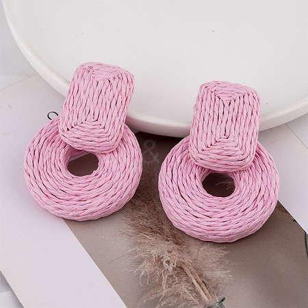 Rectangle with Flat Round Alloy Raffia Dangle Stud Earrings FS-WGEAAFD-02-1