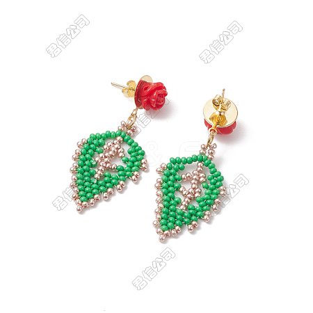 Rose with Leaf Seed Beads Dangle Stud Earrings EJEW-FS00089-1