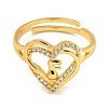 Heart with Letter Rack Plating Brass Micro Pave Clear Cubic Zirconia Adjustable Rings for Women RJEW-I105-01G-F-2