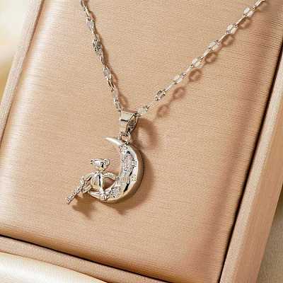 Brass Pave Clear Cubic Zirconia Shiny Cute 3D Bear Moon Pendant Necklaces for Women XT3479-1-1