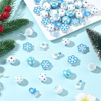 110Pcs 11 Styles Christmas Winter Theme Printed Wood Beads WOOD-YW0001-92-1